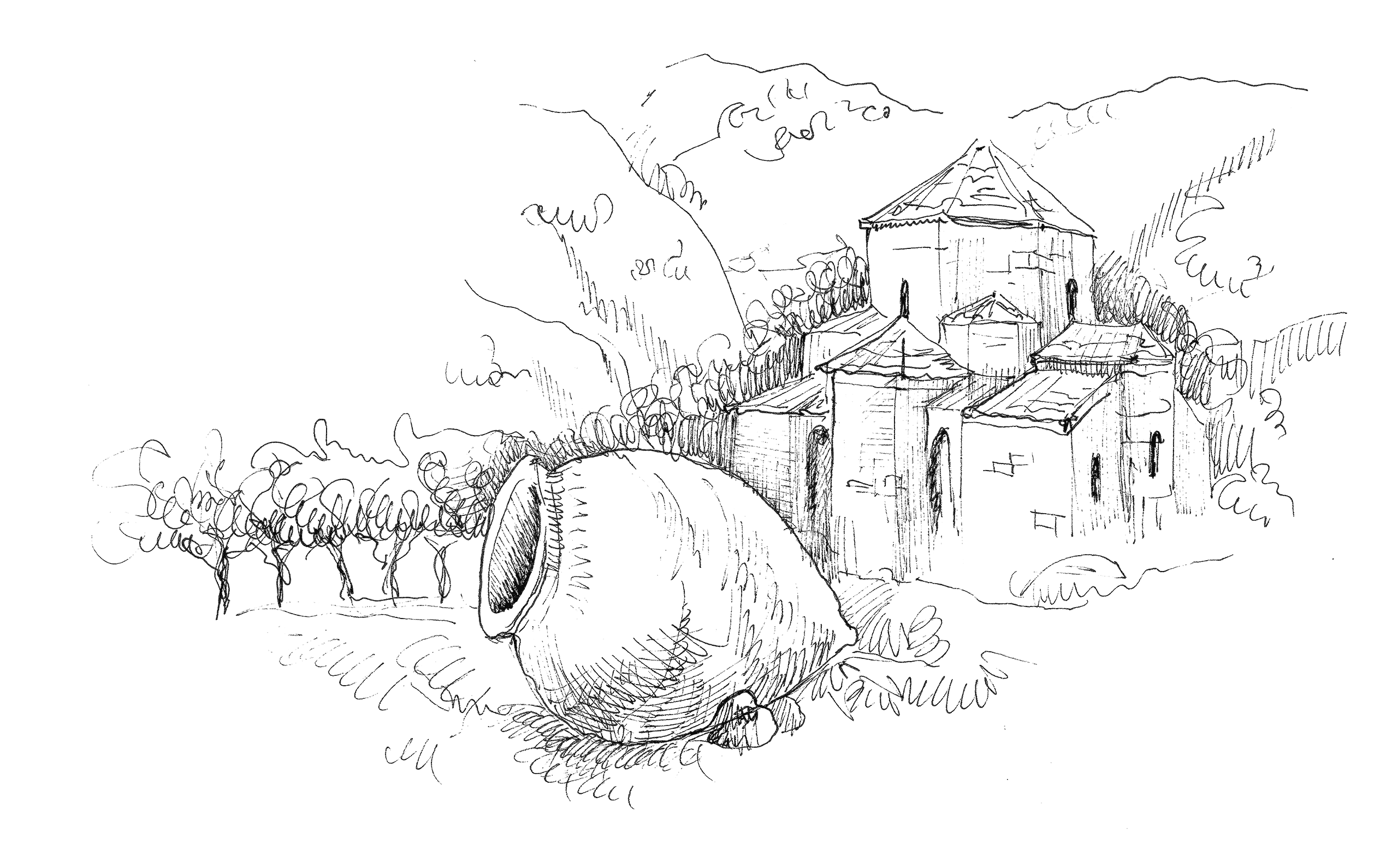 Illustration of a traditional Georgian qvevri and ancient church in the Kakheti mountains
